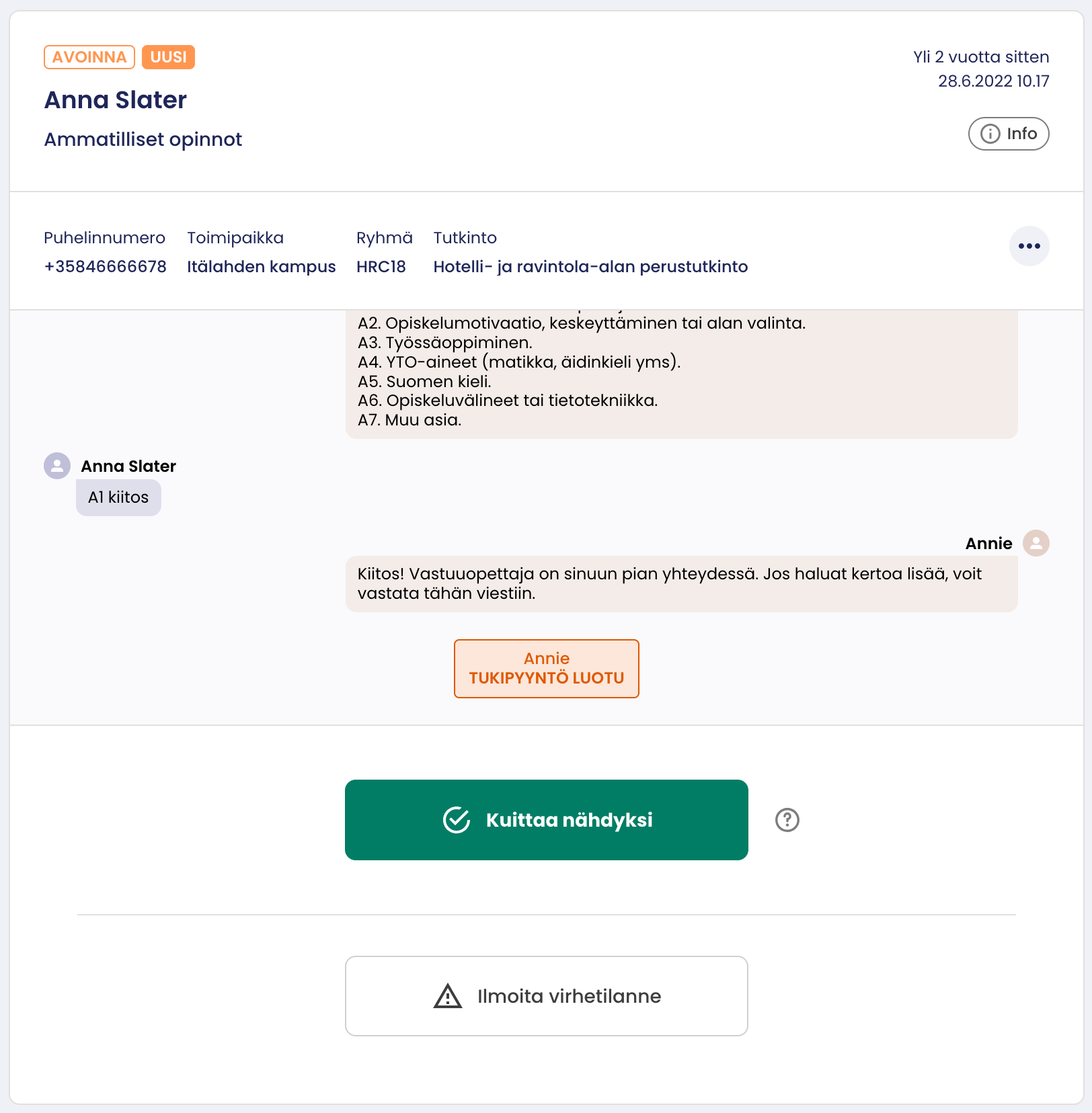 Tukipyyntönäkymä osa 1